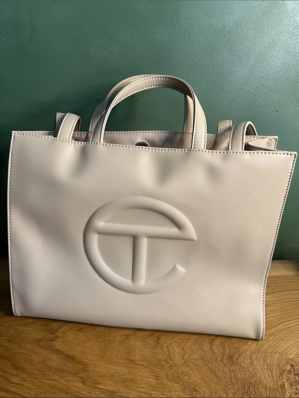 Telfar Cream Leather Shopping Tote with Embossed Logo